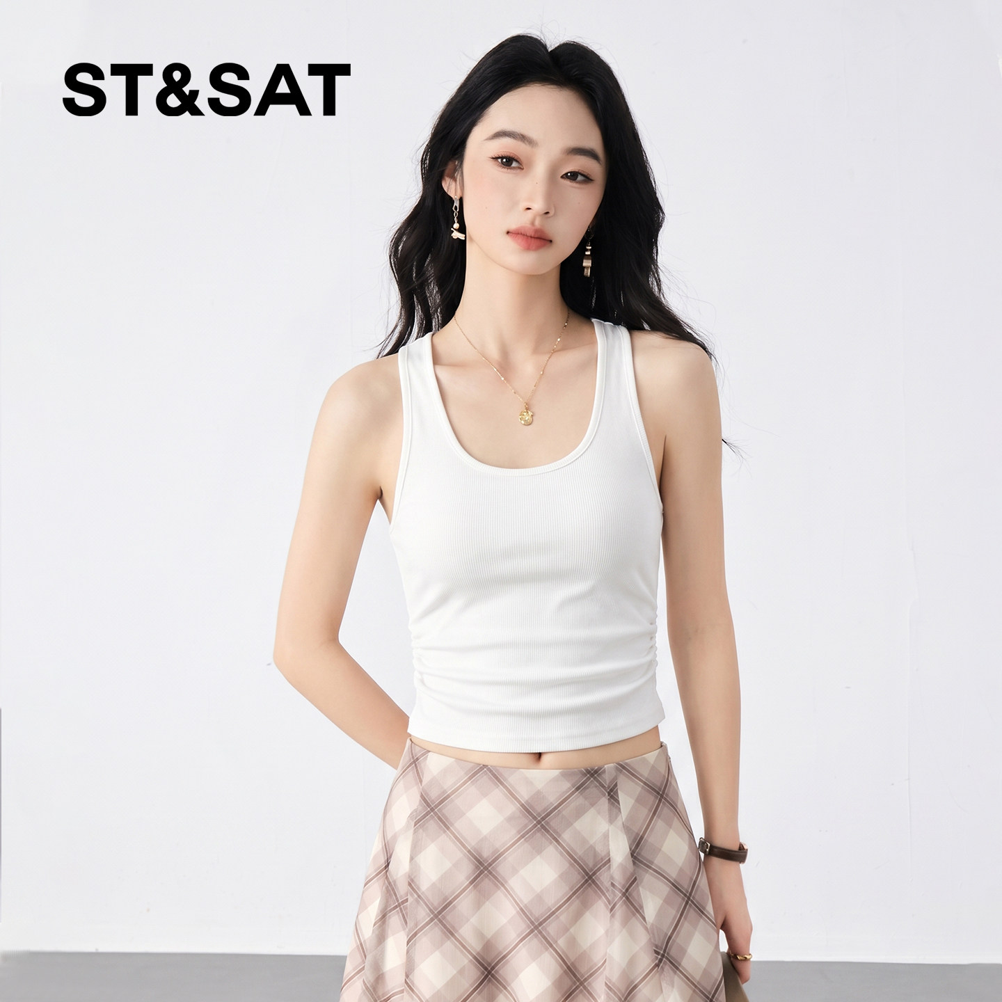 星期六螺纹褶皱工字背心女夏季