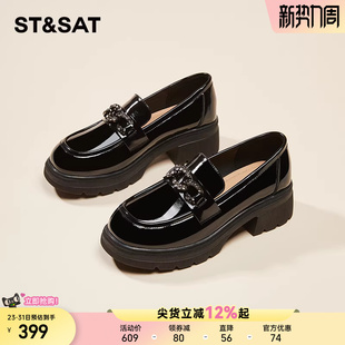 超火春季 女款 新款 英伦风小皮鞋 星期六法式 通勤单鞋 粗跟黑色乐福鞋