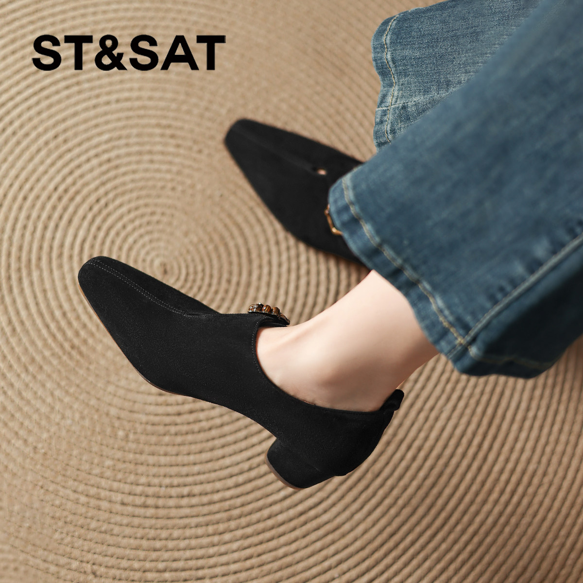 星期六羊皮短靴女新款秋冬法式绒面及踝靴高跟单鞋皮鞋妈妈鞋