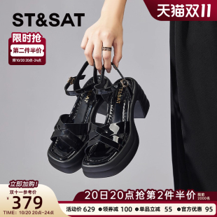 仙女风厚底防水台黑色高跟鞋 星期六凉鞋 时装 夏季 女 女粗跟2025新款