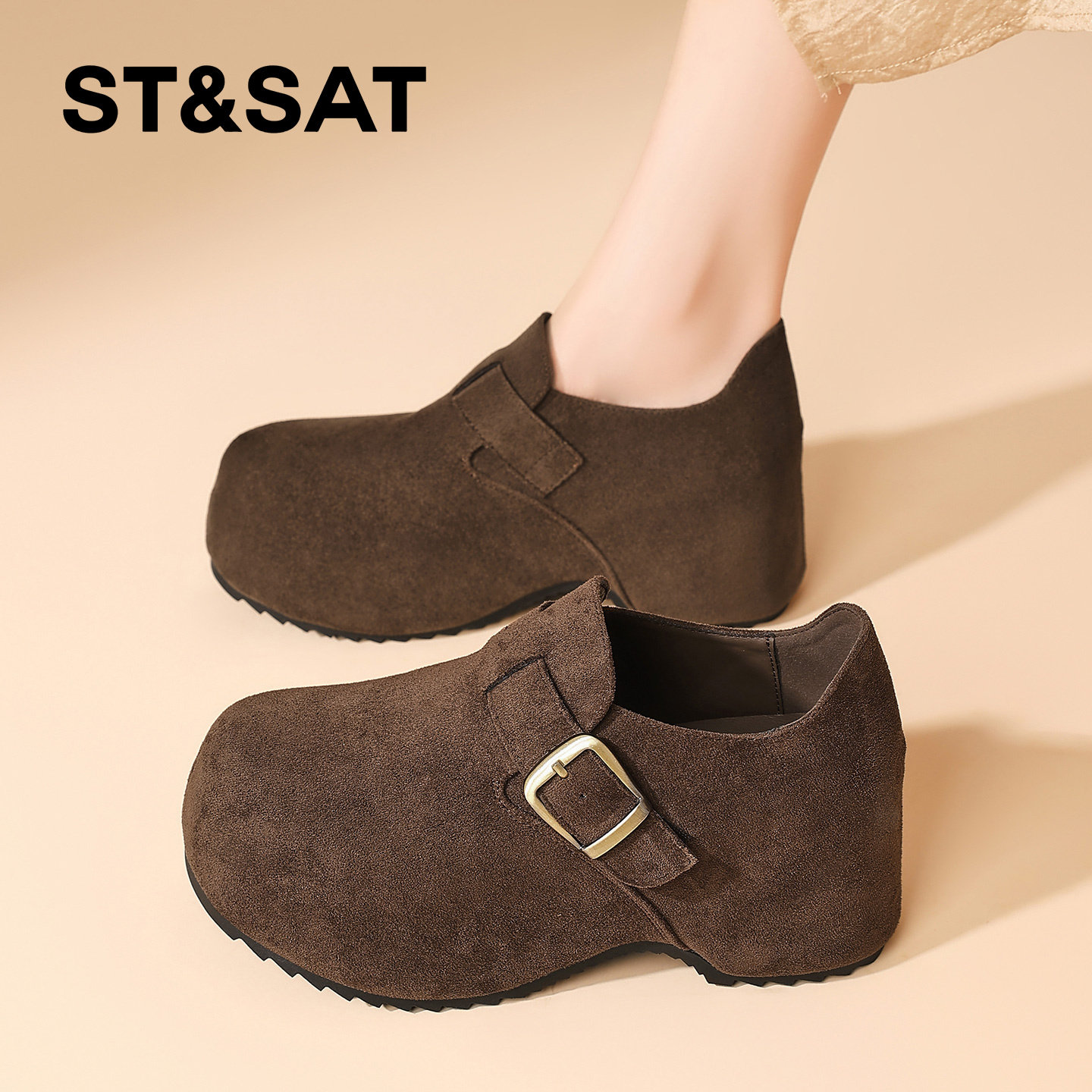 星期六复古厚底勃肯鞋女新款春季透气增高6cm乐福鞋软底舒适单鞋