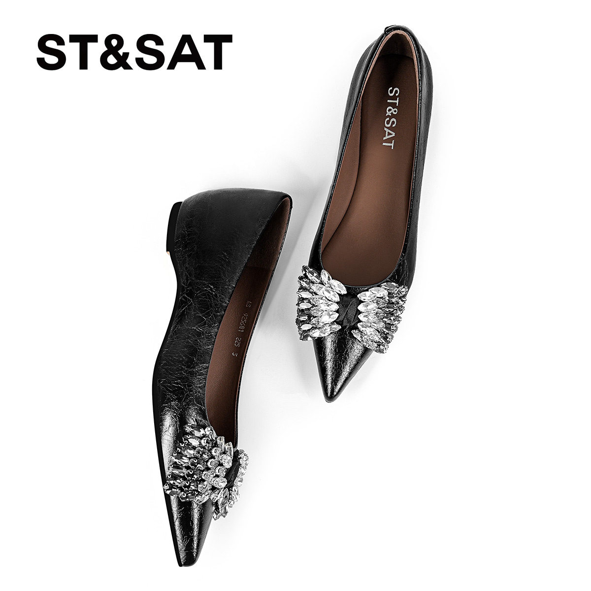星期六黑色单鞋女2025年尖头水钻蝴蝶结浅口性感平底鞋通勤工作鞋