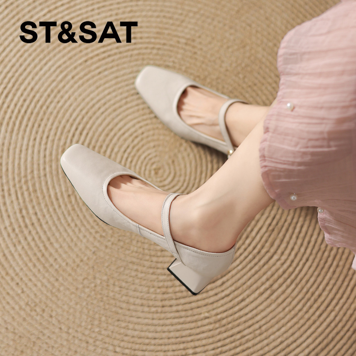星期六法式单鞋女2026新款夏季浅口白色玛丽珍女鞋方头粗跟高跟鞋