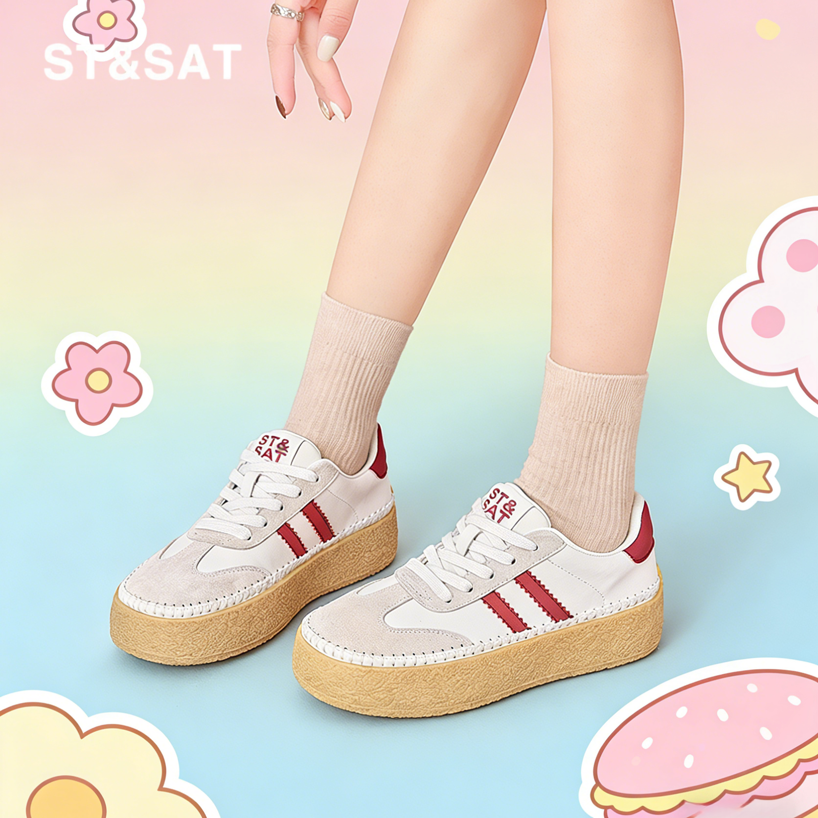 星期六休闲运动风厚底德训鞋女春季款拼色系带增高板鞋百搭小白鞋,女鞋,时尚休闲鞋,淘宝优惠券,粉丝福利购,淘宝优惠卷