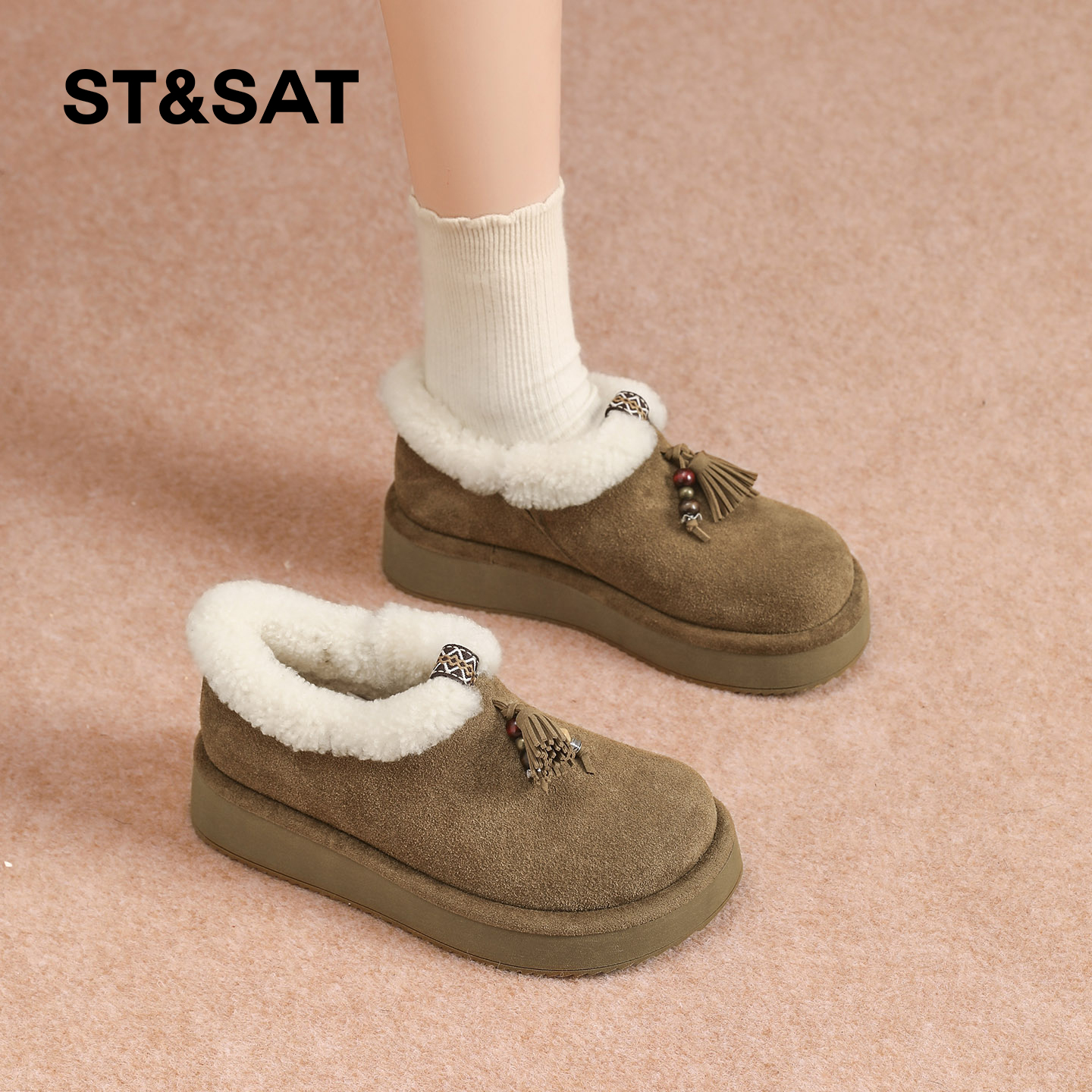 星期六加绒勃肯鞋女厚底2025冬季新款防滑保暖雪地毛毛鞋加厚棉鞋