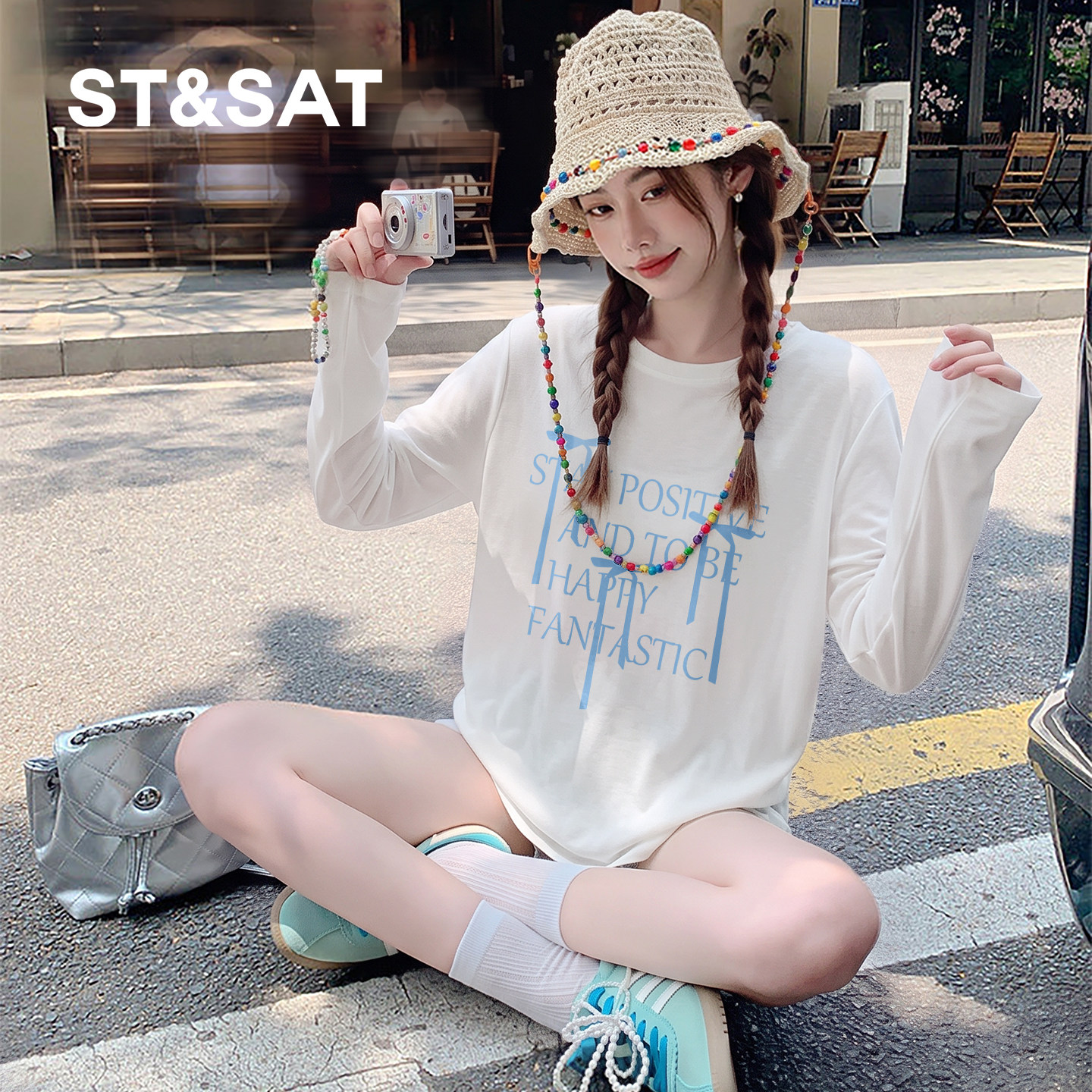 星期六雪花棉圆领轻薄长袖t恤女