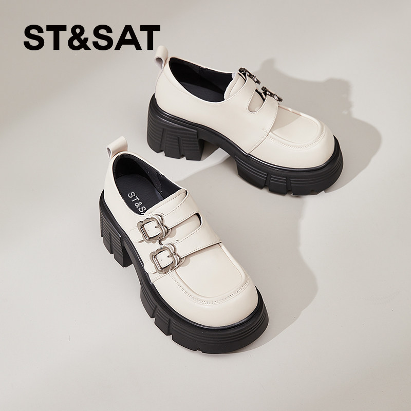 星期六真皮英伦风小皮鞋女春季新款厚底乐福鞋白色配裙子学院单鞋