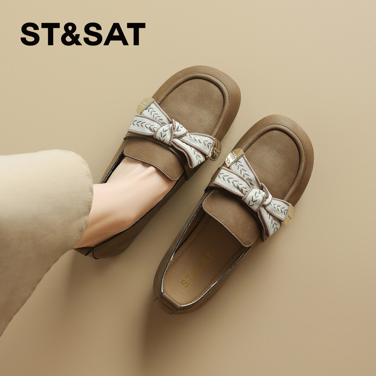 星期六法式真皮软底浅口单鞋女款秋季新款平底一脚蹬勃肯鞋豆豆鞋