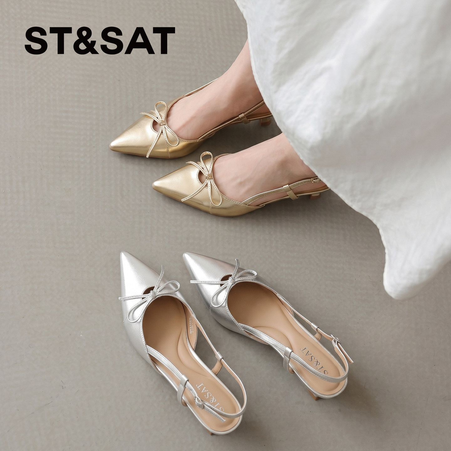 星期六蝴蝶真皮侧空尖头高跟气质配裙子凉鞋女款夏一字带玛丽珍鞋