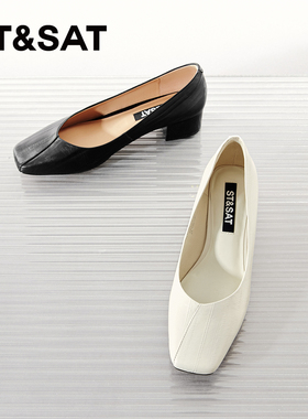 星期六浅口单鞋春季新款优雅方头中粗跟通勤皮鞋女SSC111130V