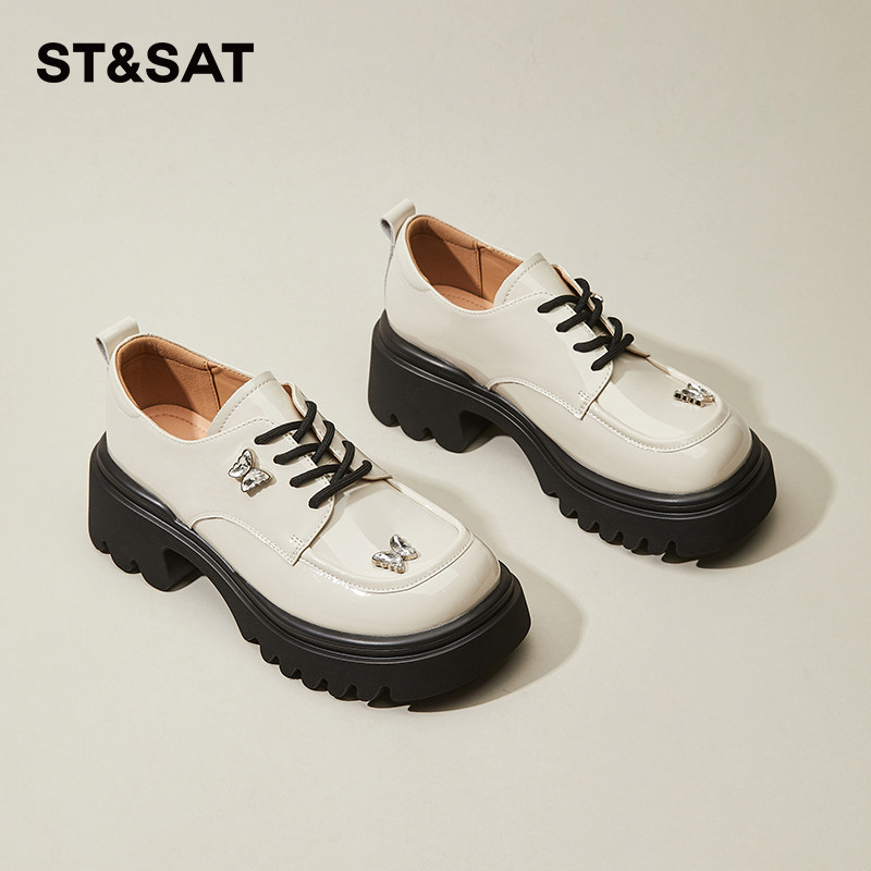 星期六白色英伦风小皮鞋女春季新款厚底高跟乐福鞋粗跟玛丽珍单鞋