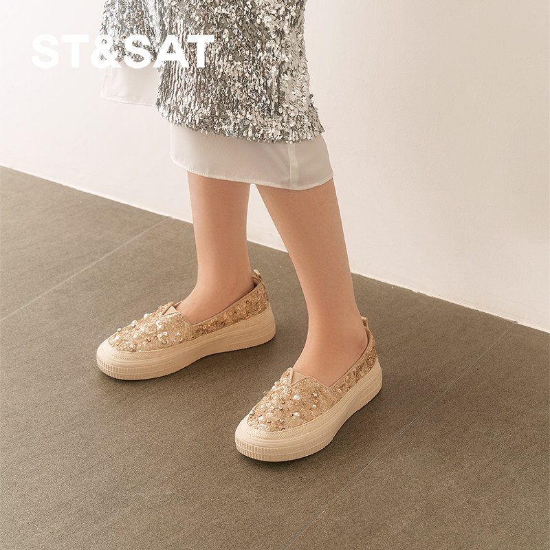 星期六渔夫鞋2025春季新款一脚蹬亮片通勤舒适厚底女鞋SSD1111011