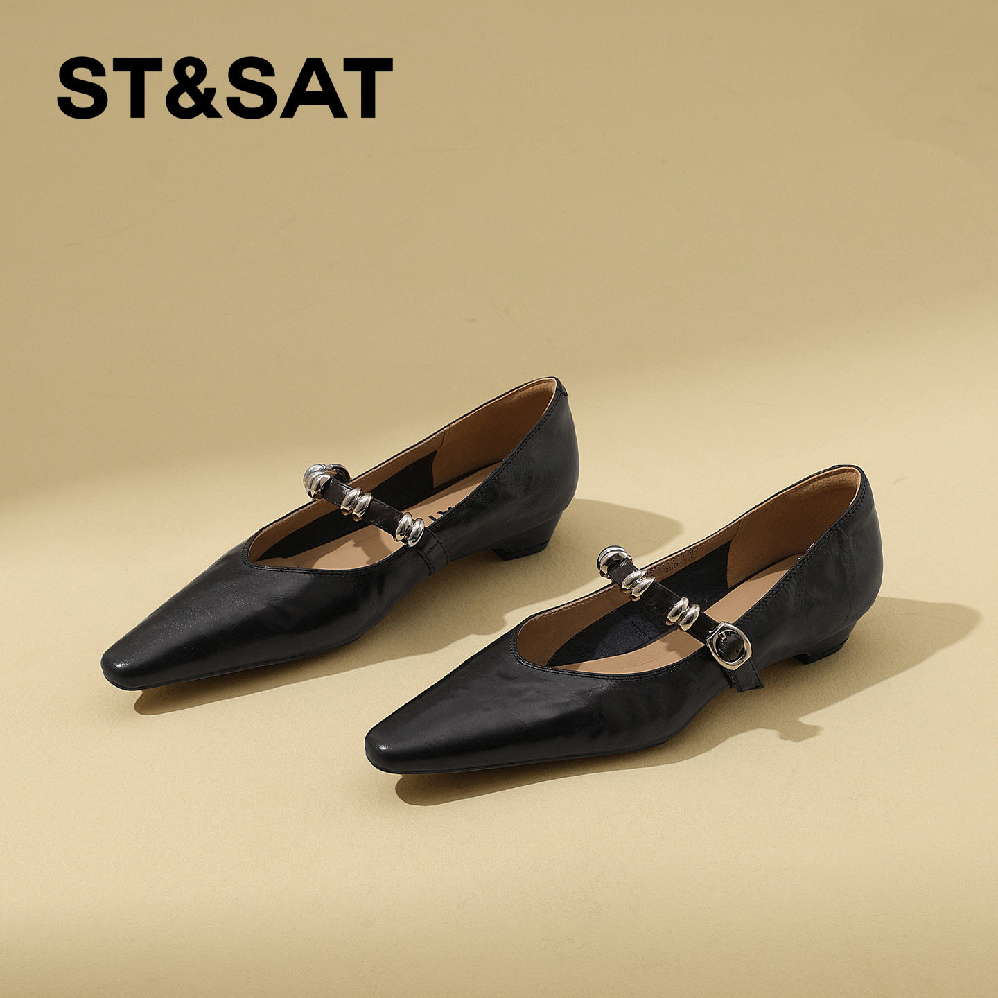 星期六真皮黑色粗跟玛丽珍鞋女2026年春季新款方头浅口单鞋工作鞋