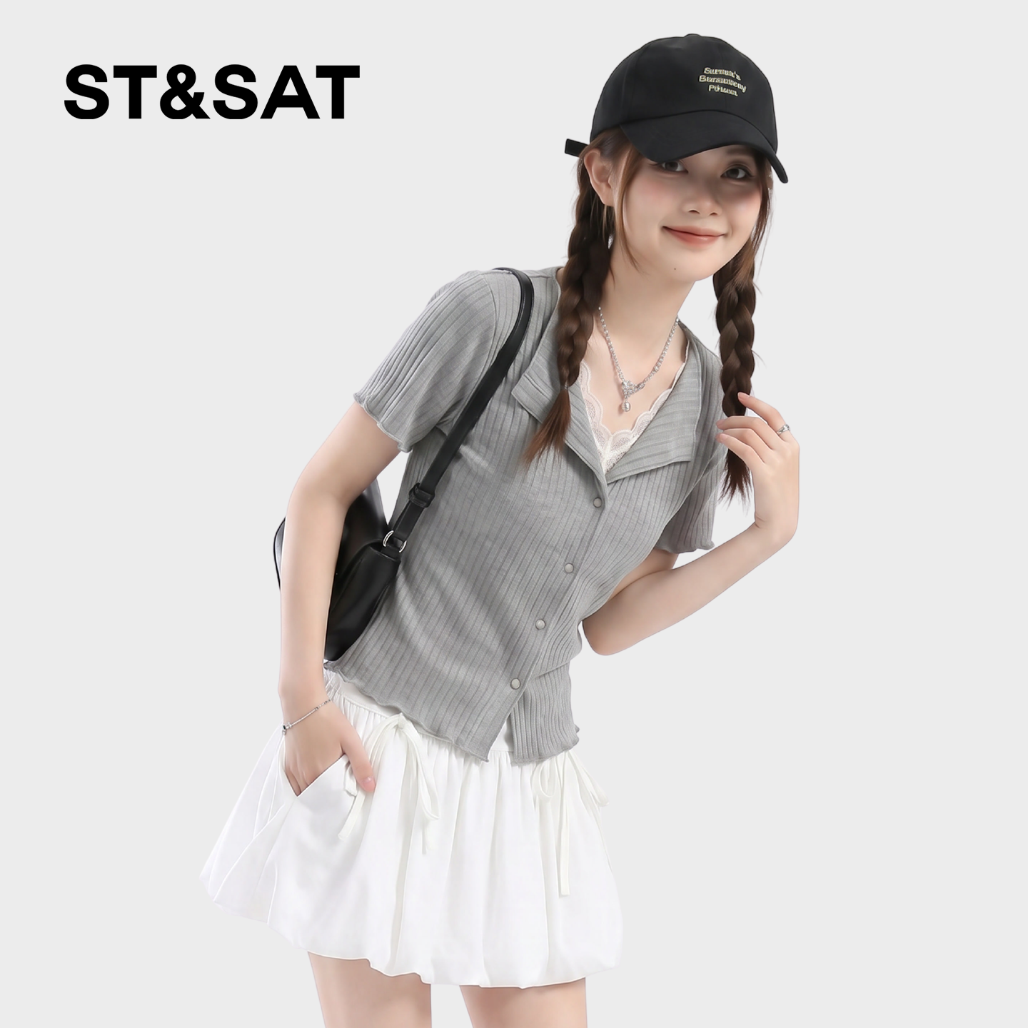 星期六蕾丝翻领假两件短袖t恤女