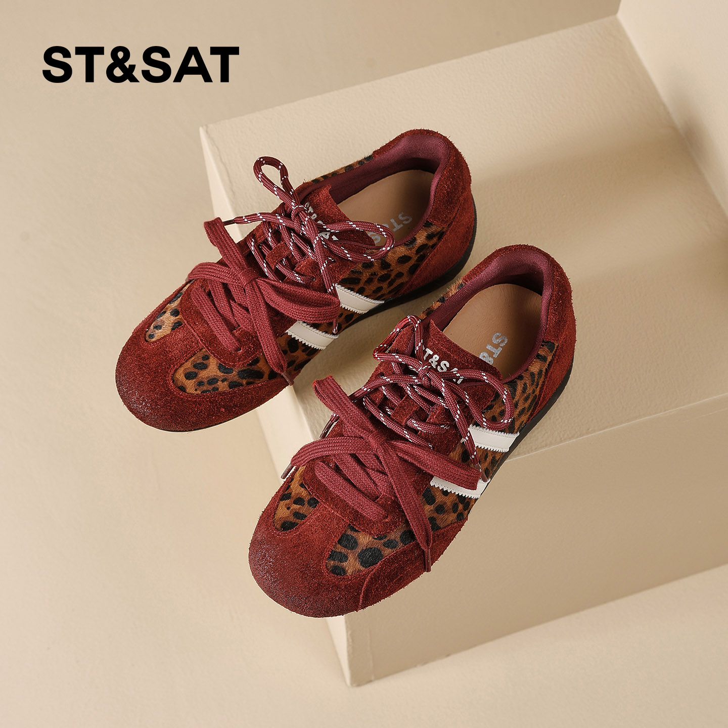 星期六红色德训鞋女2025冬季新款小众豹纹厚底休闲运动鞋复古板鞋