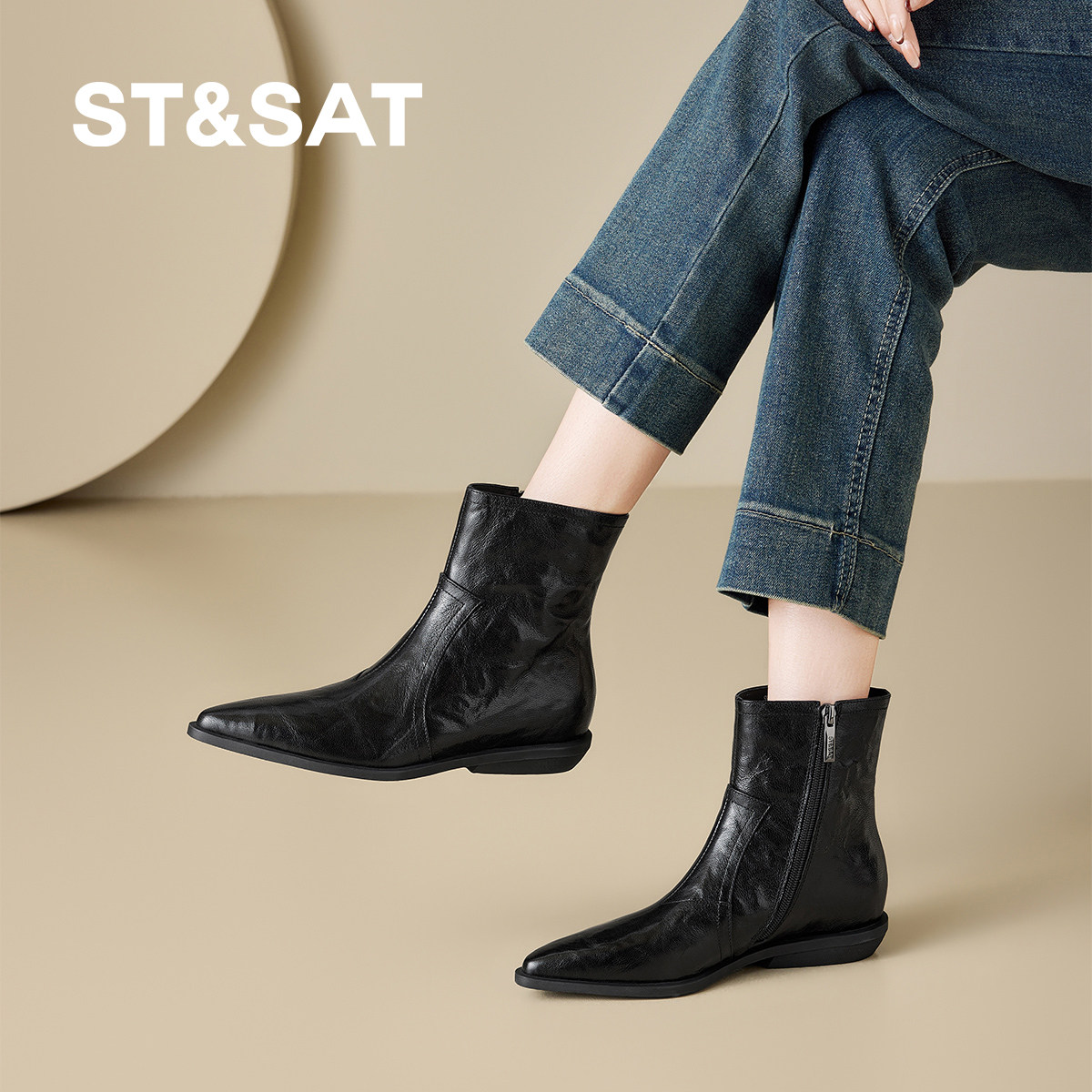 星期六复古风真皮尖头短靴女百搭瘦瘦靴低跟平底配大衣拉链马丁靴