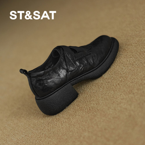 星期六真皮厚底粗跟乐福鞋女