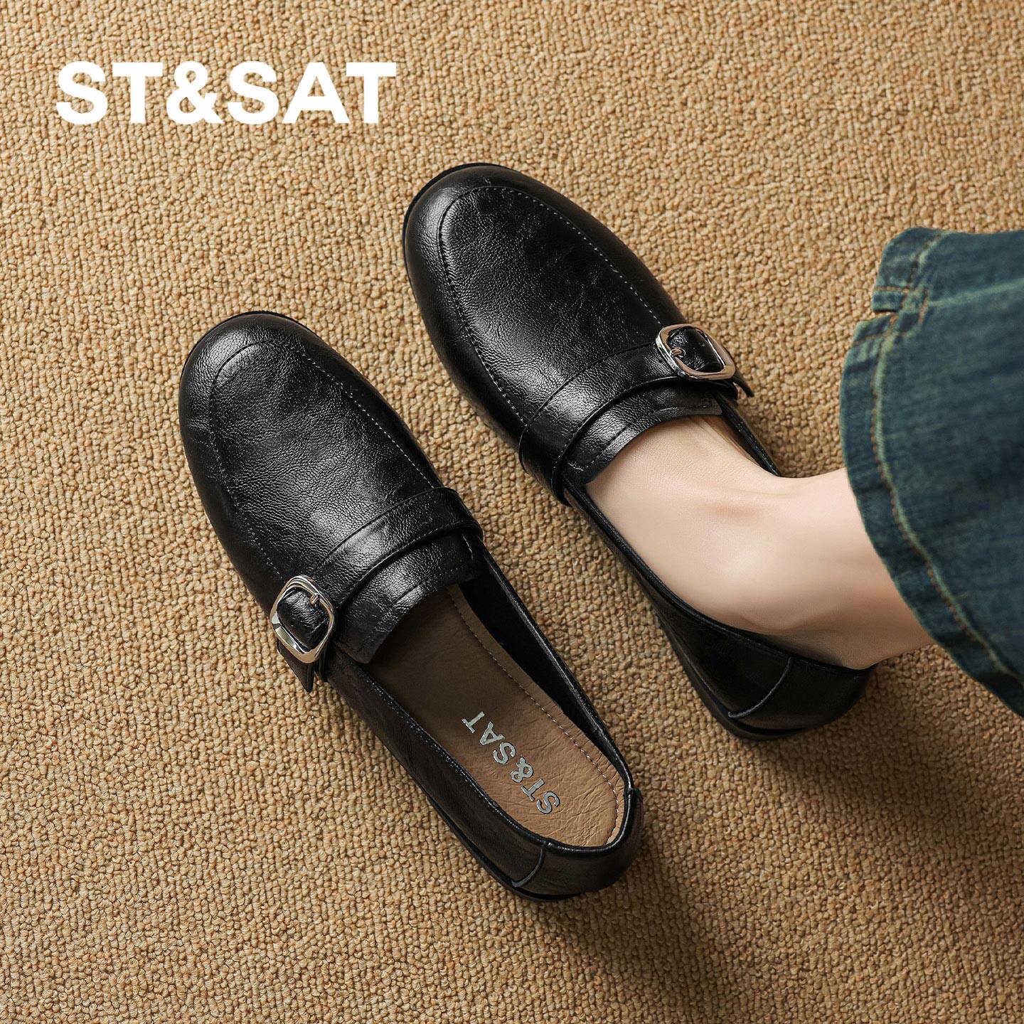 星期六平底乐福鞋女2026春新款百搭黑色搭扣小皮鞋一脚蹬深口单鞋