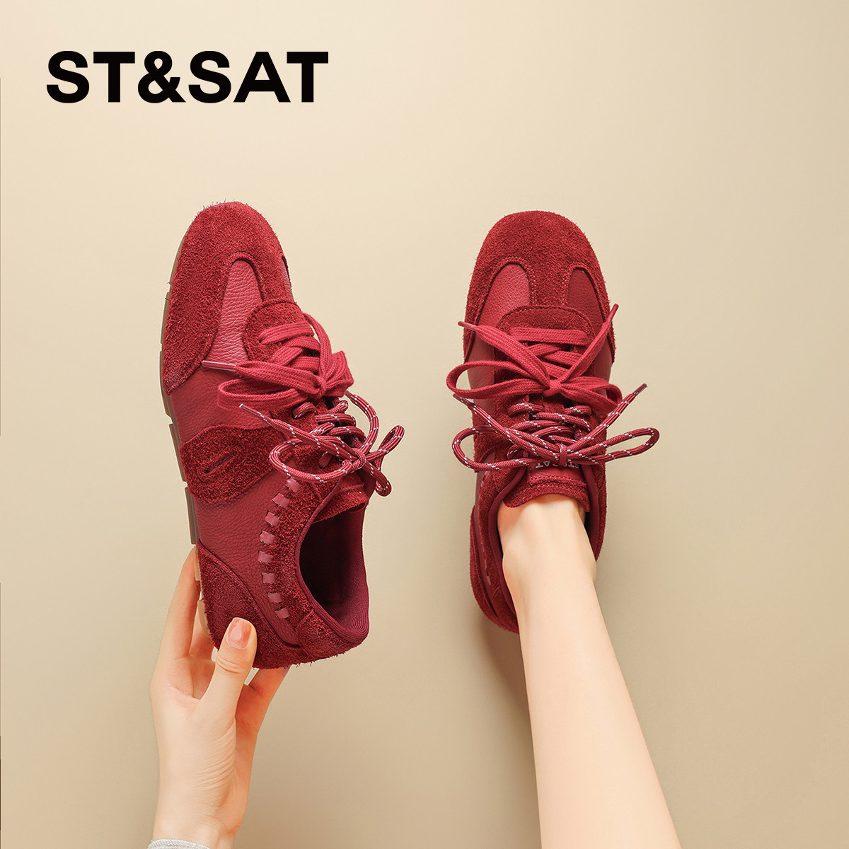 星期六真皮牛皮红色德训鞋女2025新款秋冬复古绒面保暖运动鞋板鞋