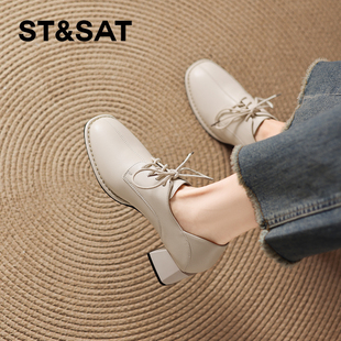 星期六羊皮系带深口单鞋女春季新款高跟鞋粗跟英伦风女士皮鞋