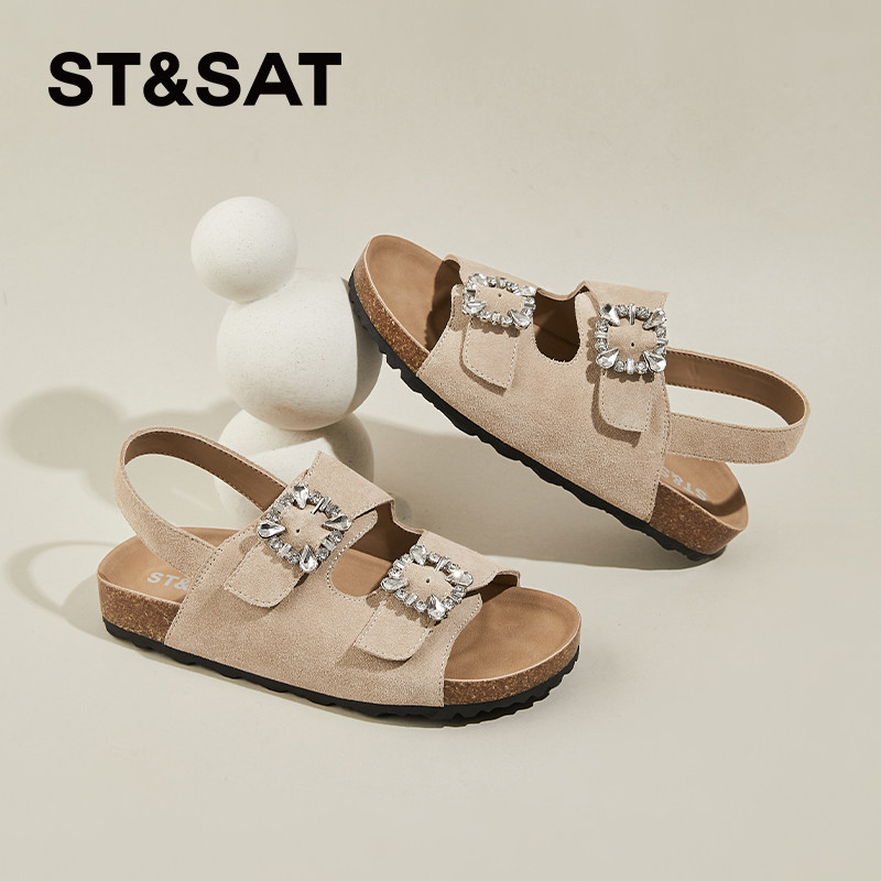 星期六真皮勃肯凉鞋女夏外穿新款百搭平底沙滩鞋复古软底凉拖鞋女