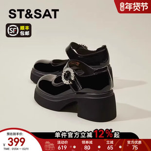 星期六英伦风玛丽珍鞋女款新款春季水钻高跟小皮鞋配裙子单鞋