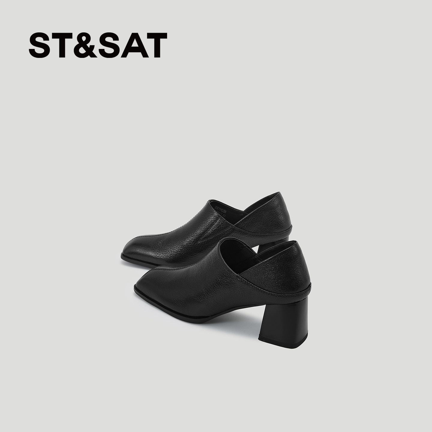 星期六粗跟乐福鞋女新款真皮黑色软底高跟鞋小个子不累脚深口单鞋