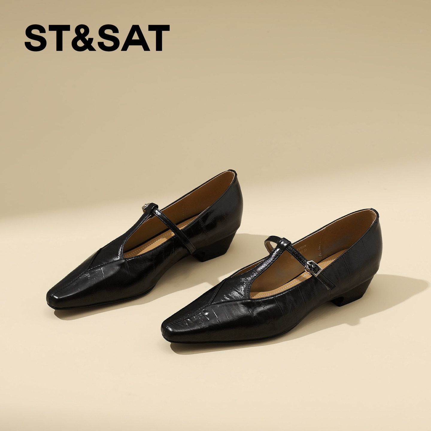 星期六真皮方头浅口单鞋女2026年春季新款坡跟百搭通勤复古工作鞋