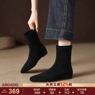 星期六黑色短靴女秋冬新款复古绒面靴子气质尖头瘦瘦靴平底靴