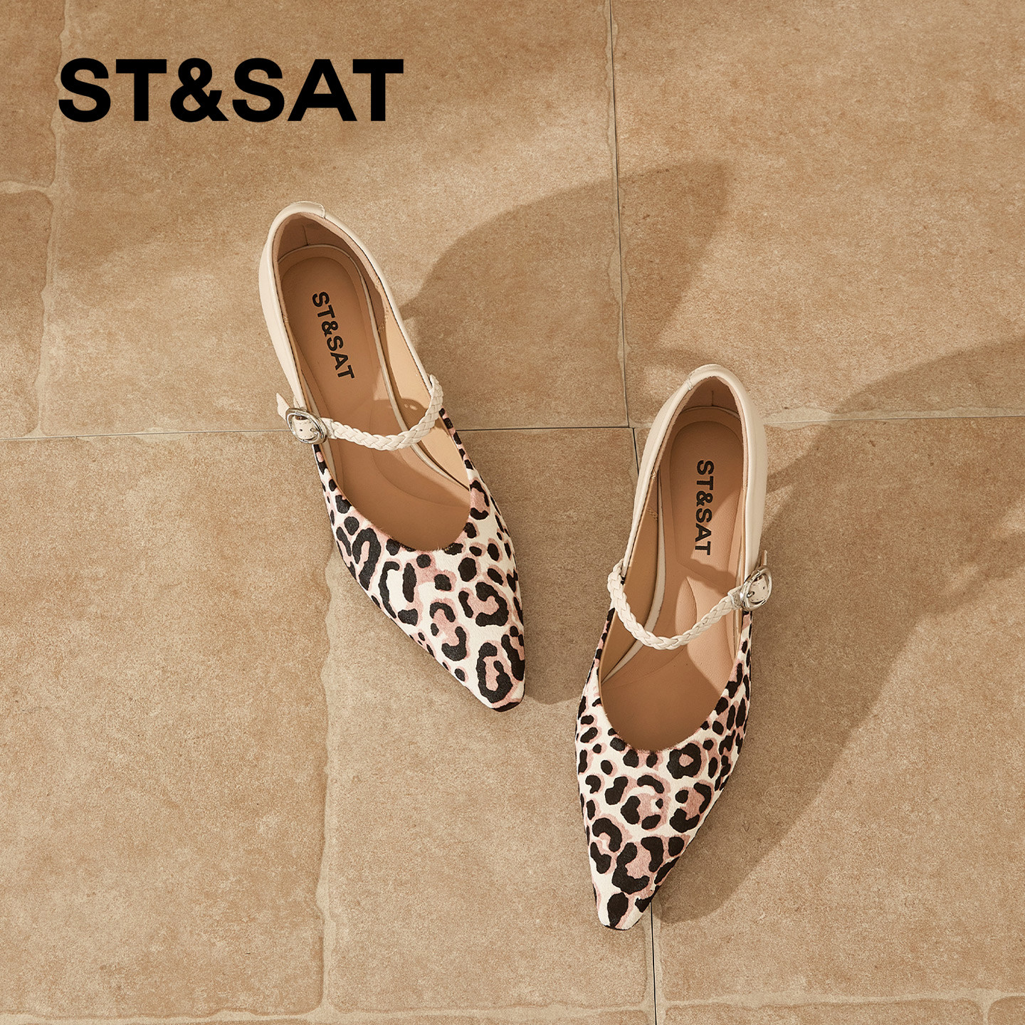 星期六真皮复古尖头豹纹高跟鞋女2026春新款细跟拼接不累脚玛丽珍