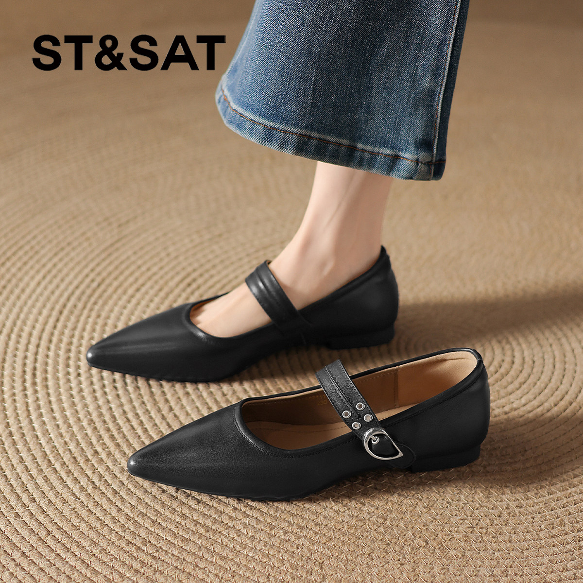 星期六尖头真皮单鞋女款2026新款春季一字带小皮鞋平底玛丽珍鞋子