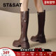 星期六棕色长筒靴女2025新款 冬季 增高复古高筒英伦骑士靴高跟长靴