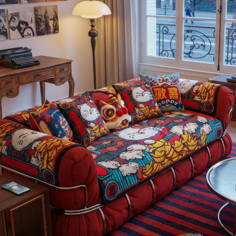 国潮过年款沙发垫招财猫元素喜庆沙发坐垫秋冬加厚毛绒沙发套罩巾,居家布艺,沙发垫,淘宝优惠券,粉丝福利购,淘宝优惠卷