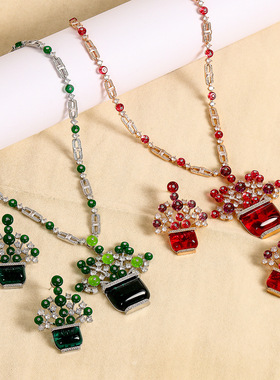 跨境新款花瓶项链镀金算盘珠点缀国潮典雅大气晚装女士毛衣链