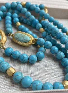 24秋季新款长款串珠绿松石项链毛衣链椭圆天然石吊坠密串百搭