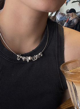 虎眼925银串珠项链天然白水晶小众设计简约颈链