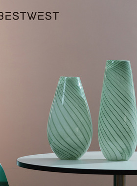 Best west 绿色春笋条纹水培小口玻璃花瓶摆件家居软装装饰品