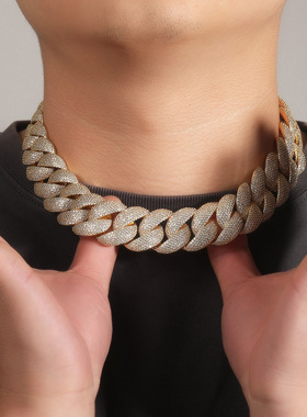 欧美跨境饰品铜镶锆石24mm古巴链条嘻哈镀金男士项链毛衣链