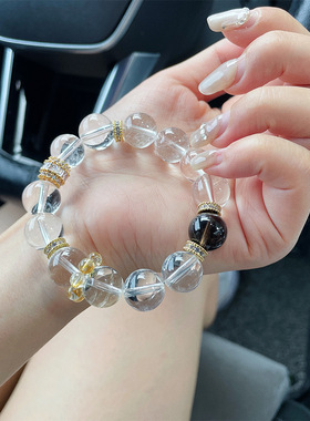 【墨云挽金】天然白水晶手串茶晶黄塔晶手链女夏日小清新原创首饰