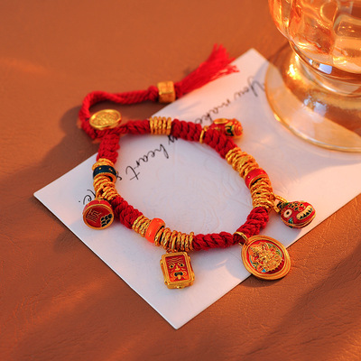 手工盘缠手链黄金色红色藏式编绳红绳扎基拉姆财神