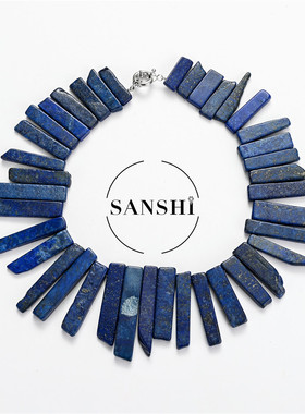 天然石玛瑙项链长牙青金晶柱不规则原石切片项链 印第安夸张饰品