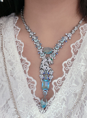 超重工宫廷复古黑斑豹子镶蓝钻项链耳环套装奢华动物镶锆石满钻