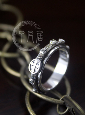 S925纯银戒指 泰银暗夜玫瑰复古十字架戒指 可转动 男女均可戴