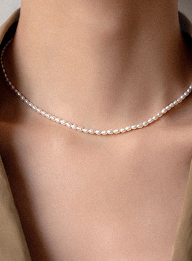 超细天然淡水珍珠项链夏季叠戴百搭镀14k真金小米粒锁骨链