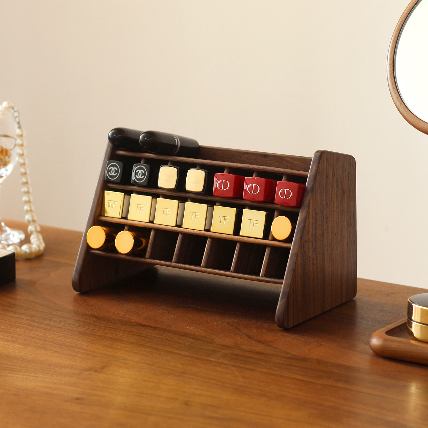 口红收纳盒大容量分格黑胡桃木