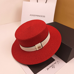 英伦礼帽太阳帽女款 帽子 平顶草帽女红色防晒遮阳帽时尚 法式