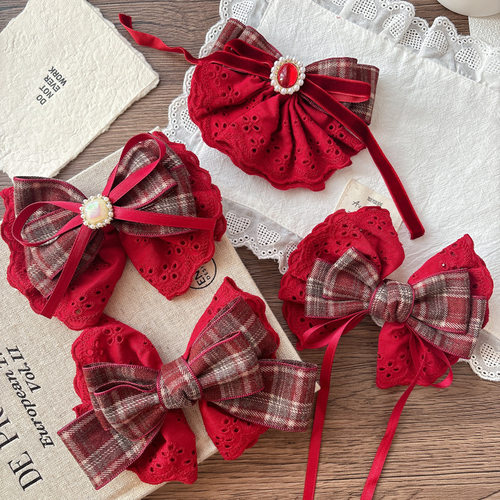 大号新款红色蕾丝蝴蝶结女孩发夹新年喜庆大红飘带发卡少女顶夹