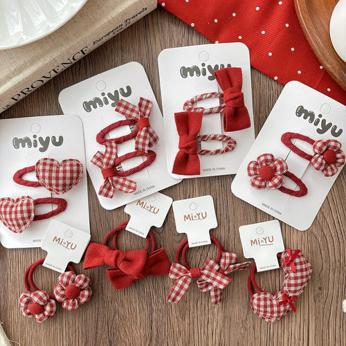 韩版新款红色格子学院风蝴蝶结刘海bb夹发夹女孩百搭甜美发绳发圈