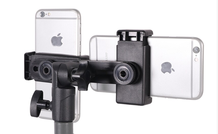 사진 액세서리 반사 우산 플래시 라이트 스탠드 모바일 라이브 방송 확장 더블 헤드 브래킷 더블 휴대 전화 클립 램프 홀더