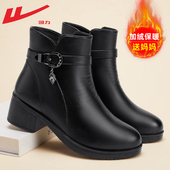 雪地靴皮面短靴女款 回力靴子女秋冬加绒妈妈鞋 中老年皮靴保暖棉鞋